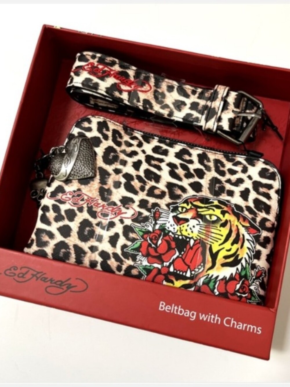 Ed Hardy Leopard Tiger Belt Bag   With Charms Tattoo Print